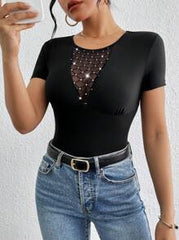 SHEIN Privé Women's Concert Mesh T-Shirt With Colorblock & Rhinestone Decoration