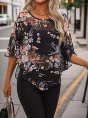 Zayélia Women's Floral Printed Batwing Sleeve See-Through Shirt
