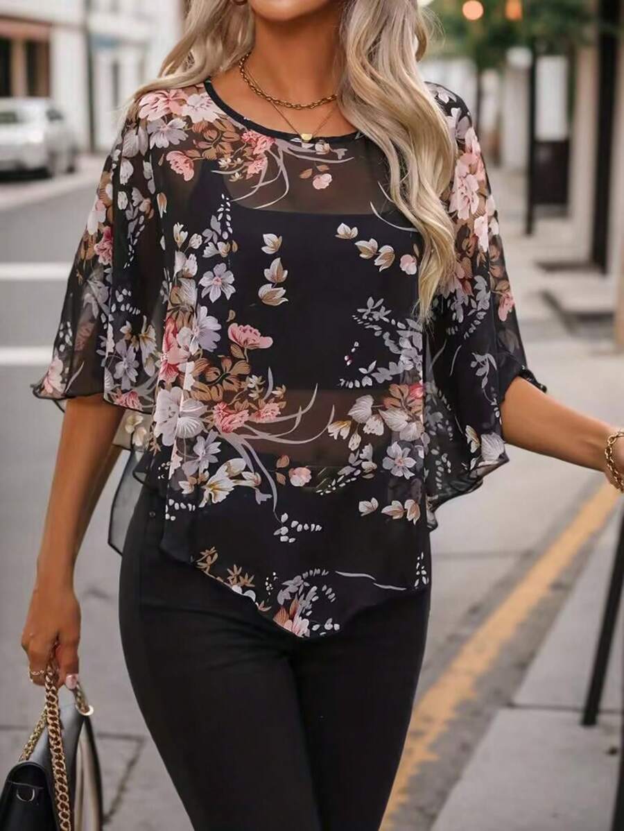 Zayélia Women's Floral Printed Batwing Sleeve See-Through Shirt