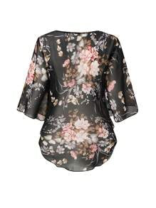 Zayélia Women's Floral Printed Batwing Sleeve See-Through Shirt