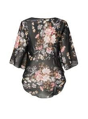Zayélia Women's Floral Printed Batwing Sleeve See-Through Shirt