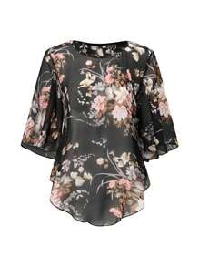 Zayélia Women's Floral Printed Batwing Sleeve See-Through Shirt