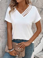 SHEIN LUNE Women's Solid Color Short Sleeve T-Shirt With Asymmetric Neckline,Casual