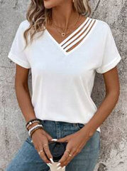 SHEIN LUNE Women's Solid Color Short Sleeve T-Shirt With Asymmetric Neckline,Casual