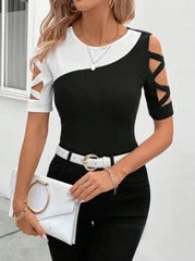SHEIN Clasi Women's Black And White Contrast Color Cut-Out T-Shirt