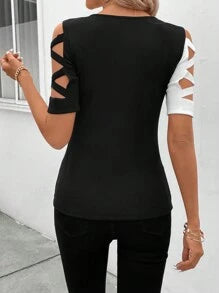 SHEIN Clasi Women's Black And White Contrast Color Cut-Out T-Shirt
