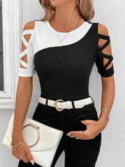 SHEIN Clasi Women's Black And White Contrast Color Cut-Out T-Shirt