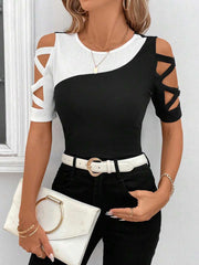 SHEIN Clasi Women's Black And White Contrast Color Cut-Out T-Shirt