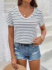 SHEIN Frenchy Women's Striped Lace Back Patchwork T-Shirt Summer Casual