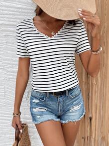 SHEIN Frenchy Women's Striped Lace Back Patchwork T-Shirt Summer Casual