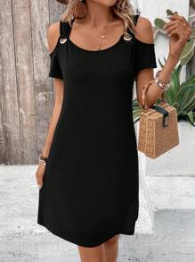 EMERY ROSE Ladies' Solid Color Open Shoulder Round-Ring Connected Dress