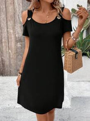 EMERY ROSE Ladies' Solid Color Open Shoulder Round-Ring Connected Dress