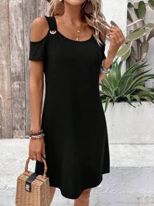 EMERY ROSE Ladies' Solid Color Open Shoulder Round-Ring Connected Dress