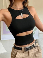 SHEIN EZwear Ladies' Sexy Solid Color Round Neck Hollow Out Tank Top