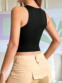 SHEIN EZwear Ladies' Sexy Solid Color Round Neck Hollow Out Tank Top