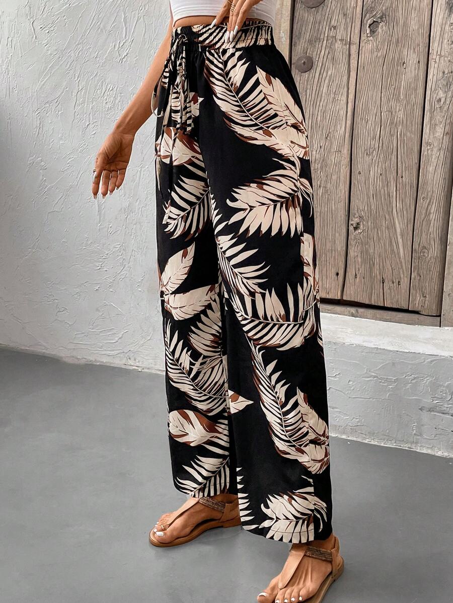 Ženske pantalone sa printom tropskih biljaka, visokog struka