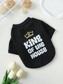Debiesn Artist Retro Street 1pc Black Crown & Letter Print Pet Pattern Pullover Sweatshirt Without Hood For Dogs And Cats, Holiday, Valentine's Day