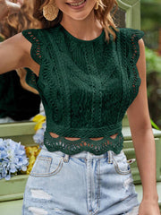 SHEIN Frenchy Women's Dark Green Summmer Boho Vacation Sleeveless Blouse,Lace Patchwork Round Neck Elegant Teacher Work Shirt,Solid Casual Birthday Sleeveless Tops
