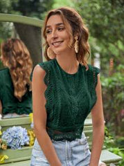 SHEIN Frenchy Women's Dark Green Summmer Boho Vacation Sleeveless Blouse,Lace Patchwork Round Neck Elegant Teacher Work Shirt,Solid Casual Birthday Sleeveless Tops