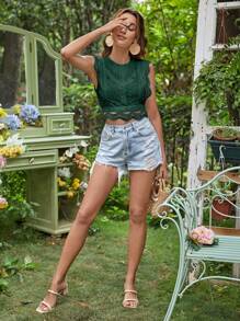 SHEIN Frenchy Women's Dark Green Summmer Boho Vacation Sleeveless Blouse,Lace Patchwork Round Neck Elegant Teacher Work Shirt,Solid Casual Birthday Sleeveless Tops