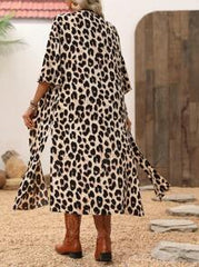 Wildy Leopard Print Split Front Button Up Shirt,Casual