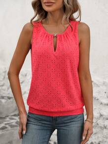 Vaclyn Women's Burnout Embroidery Lock Hole Collar Tank Top