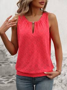 Vaclyn Women's Burnout Embroidery Lock Hole Collar Tank Top