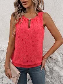 Vaclyn Women's Burnout Embroidery Lock Hole Collar Tank Top