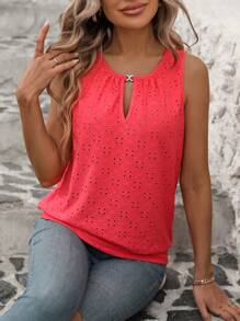 Vaclyn Women's Burnout Embroidery Lock Hole Collar Tank Top