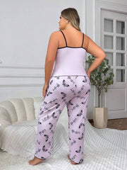 Pidžama set sa topom na bretele i dugim pantalonama sa printom leptira, plus size