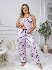Pidžama set sa topom na bretele i dugim pantalonama sa printom leptira, plus size