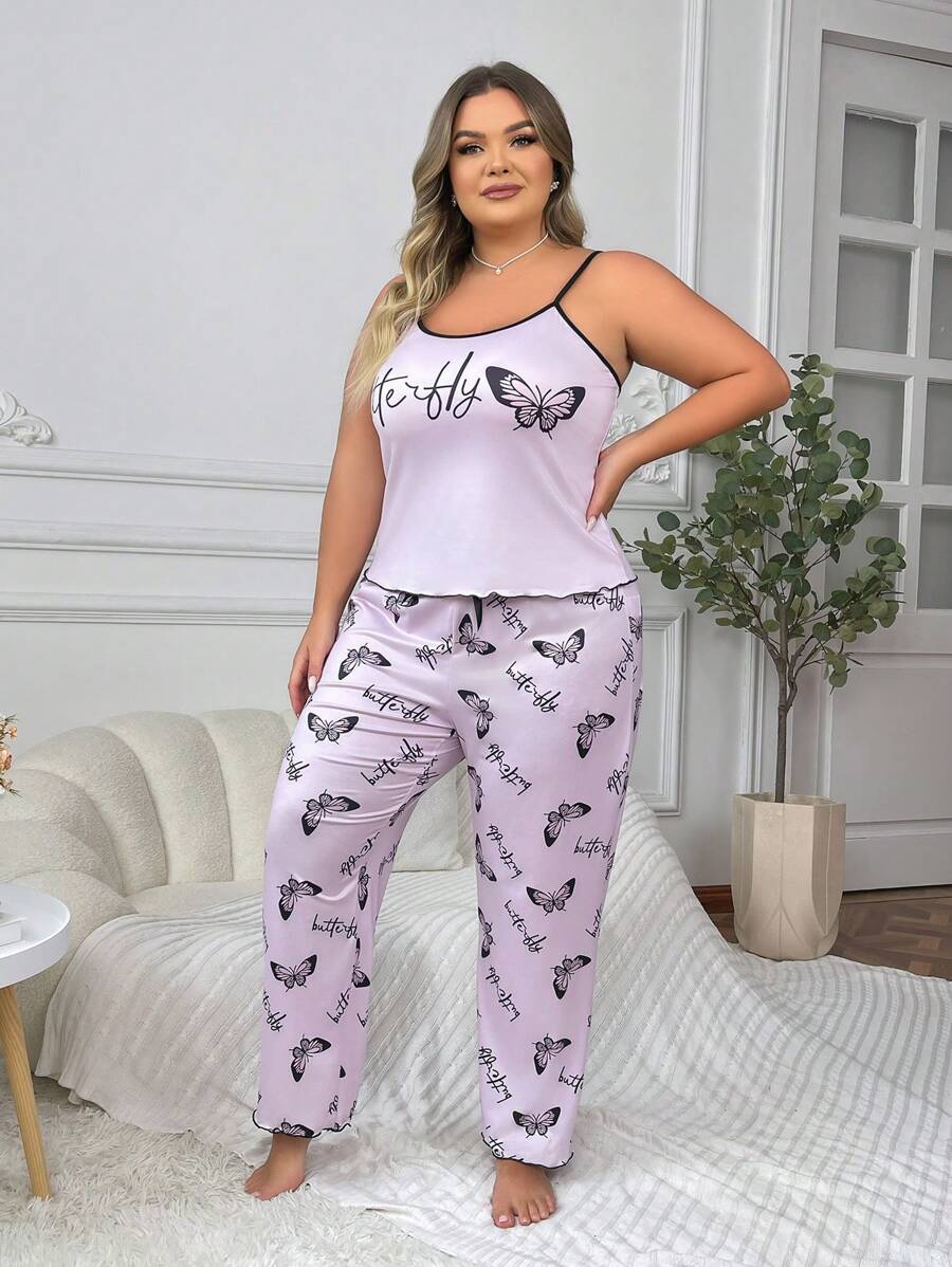 Pidžama set sa topom na bretele i dugim pantalonama sa printom leptira, plus size