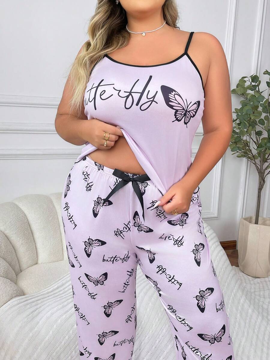 Pidžama set sa topom na bretele i dugim pantalonama sa printom leptira, plus size
