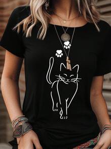 INAWLY Cartoon Cat Print Round Neck Short Sleeve Casual T-Shirt Graphic Tees Women Tops
