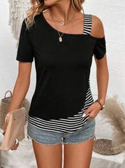 EMERY ROSE Patchwork Striped Asymmetrical Collar Casual T-Shirt Graphic Tees Women Tops