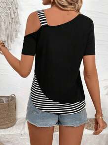 EMERY ROSE Patchwork Striped Asymmetrical Collar Casual T-Shirt Graphic Tees Women Tops