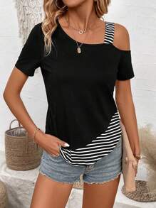 EMERY ROSE Patchwork Striped Asymmetrical Collar Casual T-Shirt Graphic Tees Women Tops