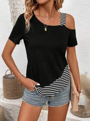 EMERY ROSE Patchwork Striped Asymmetrical Collar Casual T-Shirt Graphic Tees Women Tops