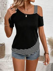 EMERY ROSE Patchwork Striped Asymmetrical Collar Casual T-Shirt Graphic Tees Women Tops