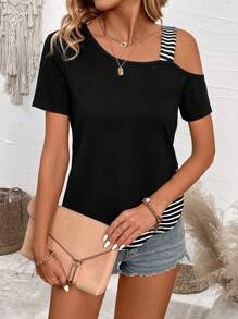 EMERY ROSE Patchwork Striped Asymmetrical Collar Casual T-Shirt Graphic Tees Women Tops
