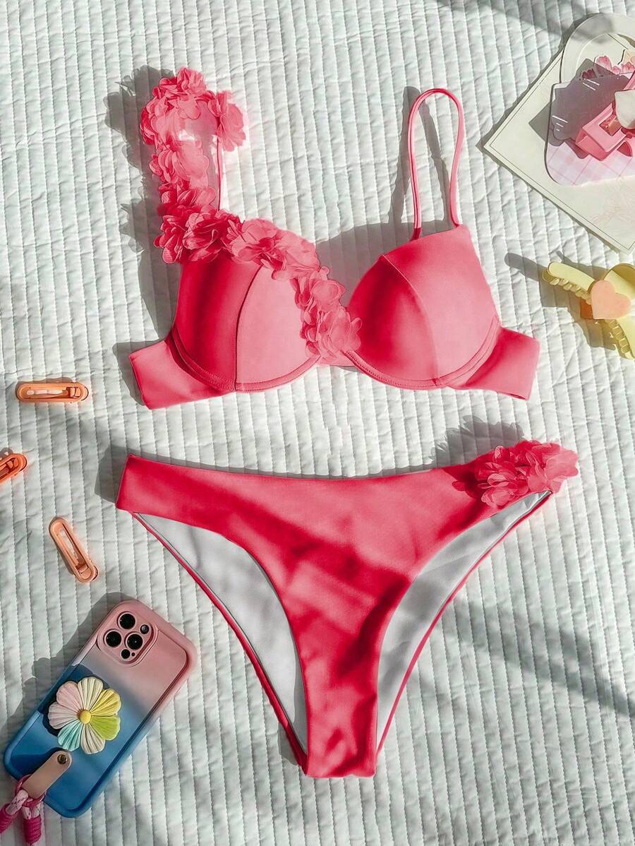 Ženski 3D CvetDekor Seksi Bikini Set, Push Up Sa Žicom