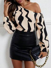 Femmeiva Fashionable Open Shoulder Long Sleeve Shirt With Random Print For Spring And Summer One Shoulder Top