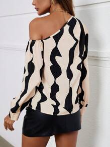Femmeiva Fashionable Open Shoulder Long Sleeve Shirt With Random Print For Spring And Summer One Shoulder Top