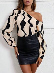 Femmeiva Fashionable Open Shoulder Long Sleeve Shirt With Random Print For Spring And Summer One Shoulder Top