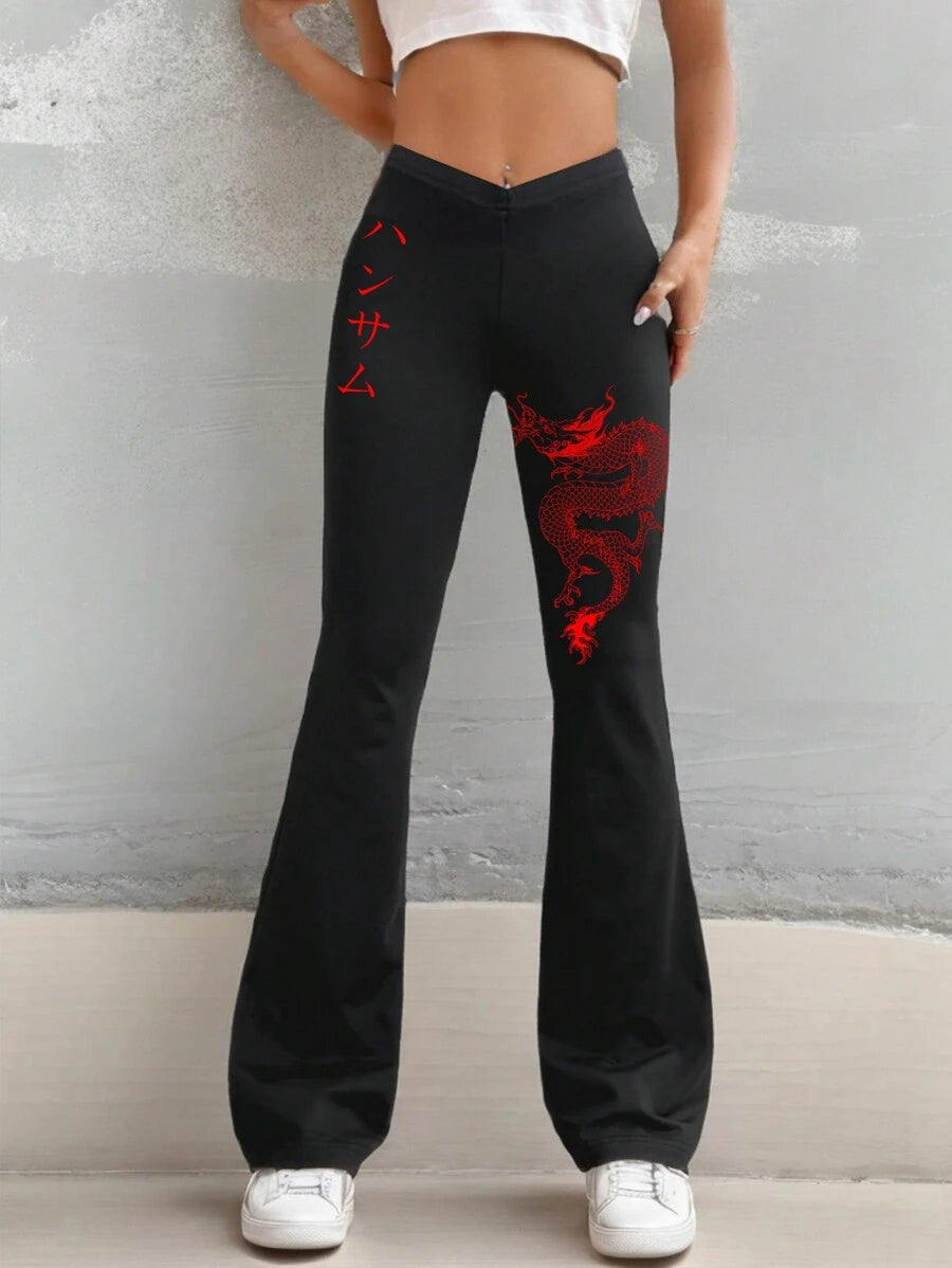 EZwear Ženske uske pantalone zvonastih nogavica jednobojne sa printom zmaja