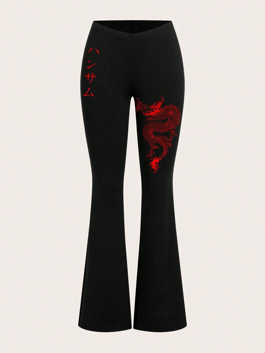 EZwear Ženske uske pantalone zvonastih nogavica jednobojne sa printom zmaja
