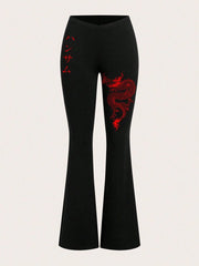 EZwear Ženske uske pantalone zvonastih nogavica jednobojne sa printom zmaja