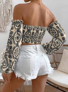 Breezaya Women Spring And Summer Vacation Style Plant Printed Off Shoulder Lantern Sleeve Loose Shirt,Long Sleeve Tops Fall Cloth For Women