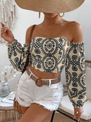 Breezaya Women Spring And Summer Vacation Style Plant Printed Off Shoulder Lantern Sleeve Loose Shirt,Long Sleeve Tops Fall Cloth For Women