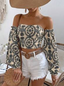 Breezaya Women Spring And Summer Vacation Style Plant Printed Off Shoulder Lantern Sleeve Loose Shirt,Long Sleeve Tops Fall Cloth For Women